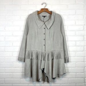 Morning Apple Lagenlook Faux Suede Longline Gray Fringe Button Down Tunic M